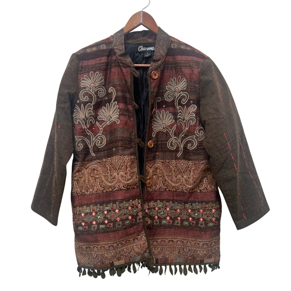 Charisma Women Brown Tapestry Embroidered Beaded Quilted Boho Jacket S Hippie